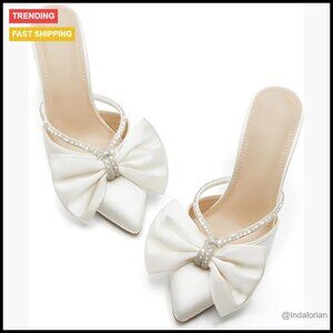 Satin Rhinestone Bow Heels Mules Pointed Toe Wedding Sandals